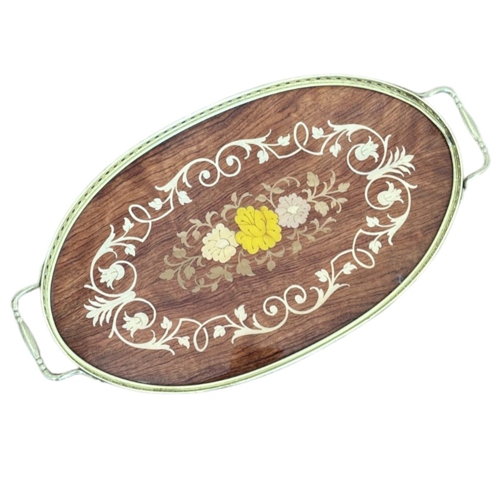 Vintage Art Deco Marquetry Inlaid Wood Floral Gold Handle Serving Tray Italy